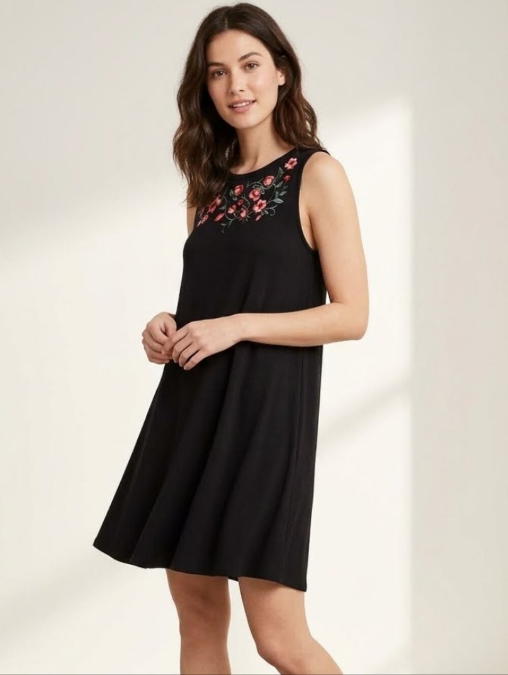 NWT Loft Sleeveless Swing Dress Euth Embroidered Floral Trim